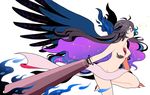  arm_cannon barefoot black_hair black_wings bow breasts commentary constellation hair_bow jpeg_artifacts long_hair mashuu_masaki medium_breasts nude red_eyes reiuji_utsuho simple_background solo third_eye touhou weapon white_background wings 