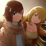  ;) absurdres alternate_costume blonde_hair breasts brown_eyes brown_hair brown_jacket brown_scarf cleavage commentary grin hair_ornament hairpin highres jacket large_breasts long_hair looking_at_viewer misaka_mikoto one_eye_closed scarf shokuhou_misaki short_hair smile star-shaped_pupils star_(symbol) sweater symbol-shaped_pupils tatararashi toaru_kagaku_no_railgun toaru_majutsu_no_index unamused white_sweater yellow_eyes 