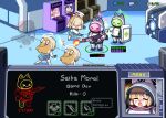  5girls 6+girls arcade_cabinet armor beret black_hair black_hat blonde_hair blue_archive bow closed_eyes crying fake_screenshot green_halo gun hair_bow half_updo halo hat health_bar hm_(hmongt) holding holding_gun holding_shield holding_weapon justice_task_force_member_(blue_archive) long_hair long_sleeves marine_(starcraft) medic_(starcraft) midori_(blue_archive) momoi_(blue_archive) multiple_girls parody pink_halo power_armor red_halo school_uniform serafuku shield siblings sisters starcraft trinity_student_(blue_archive) twins weapon white_bow white_halo 