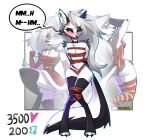 absurd_res anthro arms_tied bdsm blush bondage bound breasts canid canid_demon canine cleavage clothed clothing collar cross-popping_vein demon ear_piercing female fur gag gagged hair hands_behind_back hellhound helluva_boss hi_res knock-kneed legs_tied loona_(helluva_boss) mammal mostly_nude muffled_speech mythological_canine mythological_creature mythology navel piercing praquina red_sclera ribbon_bondage ribbons santa_dress simple_background solo speech_bubble spiked_collar spikes strip_game white_background white_body white_eyes white_fur white_hair