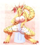  2017 anthro breasts claws dragon female fur hair hazukikai horn long_hair nude size_difference spread_legs spreading tongue 