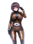 akina_t ass_visible_through_thighs bangs black_bodysuit black_hair bloom bodysuit bracelet breasts closed_mouth commentary_request cosplay covered_nipples cowboy_shot highres jewelry kamen_rider kamen_rider_ghost kamen_rider_ghost_(cosplay) kamen_rider_ghost_(series) large_breasts looking_at_viewer purple_eyes rider_belt short_hair simple_background solo white_background 