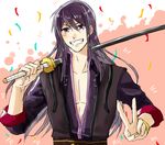  1boy blush bracelet grey_hair open_mouth purple_eyes sword tales_of_(series) tales_of_vesperia v vest weapon yuri_lowell 