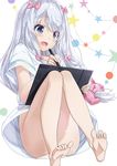  :d bangs bare_legs barefoot blue_eyes blush bow circle commentary_request convenient_leg denroku_(nokishita_no_katatsumuri) eromanga_sensei eyebrows_visible_through_hair feet hair_bow holding izumi_sagiri knees_together_feet_apart long_hair looking_at_viewer low-tied_long_hair naked_shirt no_panties off_shoulder open_mouth oversized_clothes pink_bow shirt short_sleeves sidelocks silver_hair simple_background smile soles solo star stylus t-shirt tablet toe_scrunch toes very_long_hair white_background white_shirt 
