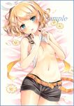  bangs bed_sheet black_shorts blonde_hair blouse blue_eyes blush bow breasts clothes_lift colored_pencil_(medium) commentary_request cowboy_shot eyebrows_visible_through_hair hair_bow hair_ornament hairclip kagamine_rin lifted_by_self looking_at_viewer lying marker_(medium) medium_breasts navel on_back open_mouth parted_lips potto sample shirt_lift short_hair shorts sleeveless sleeveless_blouse smile solo suspenders swept_bangs thighs traditional_media vocaloid wavy_hair white_bow 