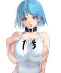  apron bare_shoulders belt_collar black_collar blue_hair breasts brown_eyes collar highres large_breasts masao naked_apron nipples original short_hair simple_background solo tongue translated upper_body white_background 