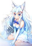  animal_ears bangs bare_shoulders between_legs blue_bow blue_dress blue_eyes blue_gloves blue_ribbon blush bow breasts cleavage closed_mouth commentary_request dress elbow_gloves eyebrows_visible_through_hair fox_ears fox_girl fox_tail frilled_dress frills gloves hair_between_eyes hair_ribbon hand_between_legs hands_together highres light_blue_hair long_hair looking_at_viewer medium_breasts on_floor original red_ribbon ribbon ribbon-trimmed_dress shadow sidelocks sitting sleeveless sleeveless_dress smile solo tail two-tone_background wariza ymd_(holudoun) 