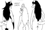anthro back_boob bovid breasts butt caprine eyewear female fur glasses goat group hair half-closed_eyes horizontal_pupils horn looking_at_viewer looking_back looking_back_at_viewer mammal monochrome narrowed_eyes pupils rear_view sergal tail tegerio trio veronika_ozvezdje