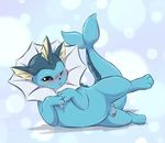  animal_genitalia balls blush eeveelution feral furreon lying male nintendo on_side one_eye_closed penis penis_tip pok&eacute;mon precum raised_leg sheath solo tapering_penis tongue tongue_out vaporeon video_games wink 