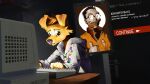  anthro canid canine canis clothing computer crt_monitor dialogue_box disco_elysium domestic_dog duo electronics english_text eyewear floppy_ears gesture glasses hand_gesture hi_res hoodie human keyboard kim_kitsuragi looking_down male mammal orange_clothing reassuring sketchytoasty smile text thumbs_up topwear 
