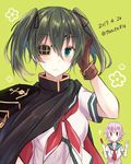  alternate_hairstyle aqua_eyes cape dated eyepatch green_background green_hair hair_between_eyes kabocha_torute kantai_collection kiso_(kantai_collection) multiple_girls neckerchief pauldrons pink_hair red_neckwear remodel_(kantai_collection) sailor_collar school_uniform serafuku short_hair short_sleeves sweatdrop tama_(kantai_collection) twintails twitter_username two_side_up 