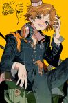  1boy banana_peel blue_jacket blue_pants clenched_teeth fish_bone goguma_wagamja green_eyes hanamura_yousuke headphones headphones_around_neck highres in_container in_trash_can jacket male_focus orange_hair pants persona persona_4 short_hair sitting sketch_inset solo sweat teeth trash_can very_short_hair yellow_background 