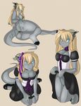  2017 anthro anus blonde_hair blue_eyes breasts butt clothed clothing clothing_lift dragon female grey_skin hair holding_butt horn kneeling looking_at_viewer looking_back maid_uniform nipples nude pawpads presenting presenting_hindquarters presenting_pussy pussy scalie simple_background skirt skirt_lift solo spread_butt spreading uniform ziggie13 
