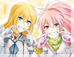  2girls arche_klein blonde_hair blue_eyes blush bracelet capelet choker clenched_teeth collet_brunel dress earrings gloves long_hair multiple_girls open_mouth pink_hair ponytail purple_eyes scarf smile tales_of_(series) tales_of_phantasia tales_of_symphonia 