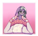 abuniverse ageplay anthro blush bottomwear braided_hair bunnyhopps clothed clothing dancewear diaper female fur green_eyes grey_hair hair hi_res infantilism lagomorph leporid looking_at_viewer looking_back looking_back_at_viewer lying mammal on_front pattern_diaper purple_body purple_fur rabbit rear_view red_bottomwear red_clothing red_skirt riddlr roleplay skirt smile solo tutu wearing_diaper