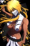  1girl abs absurdres arrancar black_background bleach blonde_hair breast_tattoo breasts commentary dark-skinned_female dark_skin green_eyes hair_between_eyes highres holding holding_sword holding_weapon large_breasts long_hair looking_at_viewer muscular muscular_female navel number_tattoo resurreccion signature solo sword tattoo tettora tier_harribel tri_braids weapon 