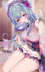  1girl apron bare_legs bare_shoulders blue_hair bottle breasts closed_mouth dango detached_sleeves food genshin_impact hand_fan highres holding holding_fan japanese_clothes kimono large_breasts legs long_hair looking_at_viewer maid maid_headdress milk_bottle pink_kimono pink_sleeves pointy_ears purple_eyes rimuu sanshoku_dango sidelocks sitting smile solo very_long_hair vision_(genshin_impact) wa_maid wagashi waist_apron yokozuwari yumemizuki_mizuki 