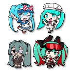 +_+ 4girls :d :p ;d apron aqua_eyes aqua_hair arm_up black_eyes black_shoes black_skirt black_socks blue_dress blue_eyes blue_hair blue_hat bow bright_pupils brown_jacket brown_necktie brown_shoes brown_skirt chef_hat chibi chibi_only clenched_hands closed_mouth collared_shirt diagonal-striped_bow dj_booth_(mako)_(tower_defense_simulator) dj_booth_(tower_defense_simulator) double-parted_bangs dress drop_shadow empty_eyes eyepatch eyes_visible_through_hair fewer_digits freckles full_body goggles goggles_on_head hair_between_eyes hair_intakes hair_ornament hand_in_pocket hand_on_own_hip hashtag-only_commentary hat hat_ornament hatsune_miku headset heterochromia highres holding holding_phone jacket kneehighs lapels long_hair long_sleeves looking_at_viewer medical_eyepatch medium_dress mesmerizer_(vocaloid) mismatched_pupils monitoring_(vocaloid) multicolored_hair multiple_girls necktie no_pupils notched_lapels obsolete_meat_(vocaloid) official_alternate_costume official_alternate_hair_color official_alternate_hairstyle one_eye_closed open_clothes open_jacket open_mouth outstretched_arm pants parted_bangs phone puffy_short_sleeves puffy_sleeves red_bow red_eyes red_goggles red_hair red_necktie red_shirt red_shoes red_trim roblox ryoko6318 shirt shoes short_sleeves simple_background skirt smile socks standing standing_on_one_leg streaked_hair striped_clothes striped_dress tongue tongue_out tower_defense_simulator_(roblox) twintails two-tone_bow two-tone_hair vertical-striped_clothes vertical-striped_dress very_long_hair visor_cap vocaloid waist_apron white_apron white_background white_bow white_hat white_jacket white_pants white_pupils white_shoes white_wrist_cuffs wrist_cuffs 