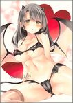  :o bangs bat_wings bikini black_bikini black_bra black_hair black_panties blush bra breasts brown_legwear cleavage collarbone colored_pencil_(medium) commentary_request demon_horns demon_wings eyebrows_visible_through_hair green_eyes half-closed_eyes heart heart_background horns large_breasts lingerie long_hair looking_at_viewer marker_(medium) navel original over-kneehighs panties parted_lips potto sitting solo spread_legs swimsuit tareme thighhighs thighs traditional_media underwear wings 