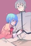  1boy 1girl blue_eyes blue_hair blush bow grey_eyes grey_hair kamijou_kyousuke mahou_shoujo_madoka_magica miki_sayaka momoko_(palemon) open_mouth red_bow short_hair 