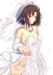  1girl alternate_costume armpit_crease bare_shoulders black_eyes black_hair blush breasts bridal_veil choker cleavage closed_mouth collarbone commentary_request cowboy_shot curtained_hair detached_sleeves dress earrings expressionless falling_petals highres iro_(sekaixiro) jewelry kara_no_kyoukai looking_ahead medium_hair necklace parted_bangs petals pink_petals pov pov_hands reaching reaching_towards_viewer ring ryougi_shiki silver_tiara small_breasts snowflake_earrings solo_focus tiara type-moon veil wedding_dress wedding_ring white_background white_choker white_dress white_sleeves white_tiara 