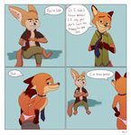  beverage blue_background border brokenfacade bulge clothed clothing comic disney english_text finnick male male/male necktie nick_wilde open_shirt simple_background speech_bubble text underwear undressing white_border zootopia 