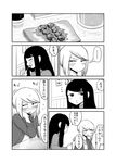  blush comic daidou_ayumu daidou_sayo eating flying_sweatdrops food greyscale hair_ornament hairclip highres long_hair mochi_au_lait monochrome multiple_girls no_nose original short_hair sweat sweater thought_bubble translated turtleneck turtleneck_sweater yakitori 