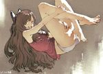  barefoot bow brown_hair commentary dated fangs feet floating green_eyes grin hair_bow hands_on_legs highres legs_up long_hair looking_at_viewer lying no_pants on_back original panties smile solo tank_top underwear zennosuke 