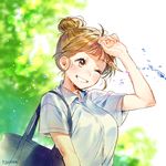  artist_name bag blush breasts brown_eyes brown_hair collared_shirt day grin hair_bun head_tilt medium_breasts nishita one_eye_closed original outdoors school_bag shirt short_hair short_sleeves smile solo splashing upper_body water water_drop white_shirt wing_collar 