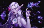  1girl absurdres air_bubble bracelet breasts bubble choker cleavage colored_skin commentary commission dark_elf elf fish gem halterneck highres jewelry long_eyebrows long_hair medium_breasts miya_rrr necklace night_elf_(warcraft) pointy_ears purple_choker purple_eyes purple_hair purple_lips purple_nails purple_skin smile solo spirit warcraft world_of_warcraft 