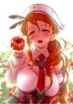  :d arm_behind_back bare_shoulders blush breasts brown_eyes brown_hair commentary_request corset detached_sleeves food fruit hair_between_eyes half-closed_eyes holding holding_food holding_fruit kantai_collection large_breasts littorio_(kantai_collection) long_hair looking_at_viewer necktie open_mouth ponytail shirt sleeveless sleeveless_shirt smile solo standing sumeragi_hamao tomato upper_body wavy_hair 