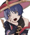  1boy 2enoise absurdres armor black_bodysuit black_kimono black_sleeves blunt_ends bodysuit bright_pupils eyelid_pull eyeliner eyeshadow frilled_sleeves frills genshin_impact gold han&#039;eri hand_on_own_face hat head_tilt highres japanese_armor japanese_clothes jingasa kimono kote kurokote layered_kimono layered_sleeves looking_up makeup male_focus mismatched_pupils mitsudomoe_(shape) open_clothes open_kimono open_mouth portrait purple_eyes purple_hair purple_sleeves red_eyeliner red_eyeshadow red_hat red_kimono scaramouche_(genshin_impact) short_sleeves single_off_shoulder single_sode sketch solo teeth tomoe_(symbol) veins white_background white_kimono white_pupils 