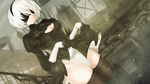  blindfold blush breasts cleavage_cutout dress dress_lift ero_waifu gloves hairband highleg highleg_leotard leotard lips medium_breasts mole mole_under_mouth nier_(series) nier_automata short_hair smile solo thighhighs under_dress white_hair yorha_no._2_type_b 