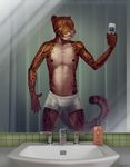  2011 anthro areola bathroom benji_(character) blush boxers_(clothing) clothing clouded_leopard feline green_eyes mainlion male mammal mirror nipples phone selfie shy skinny solo underwear 