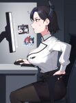  1girl black_hair blue_hair breasts computer_keyboard computer_mouse dasdokter demon_horns dress_suit earrings elizabeth_rose_bloodflame highres hololive hololive_english horns jewelry large_breasts mole mole_under_eye monitor multicolored_hair nail_polish nerissa_ravencroft nerissa_ravencroft_(casual) official_alternate_costume official_alternate_hair_length official_alternate_hairstyle pantyhose photo_(object) red_eyes red_nails ring shiori_novella shirt short_hair skirt solo virtual_youtuber white_shirt 