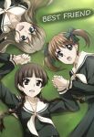  3girls absurdres blue_eyes bow braid brown_eyes brown_hair collarbone eyebrows_visible_through_hair fukuzawa_yumi grass green_bow hair_bow hand_holding highres long_hair long_sleeves looking_at_viewer lying maria-sama_ga_miteru multiple_girls on_back open_mouth school_uniform serafuku shimazu_yoshino tokiani toudou_shimako twintails 