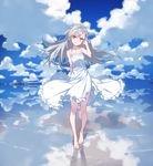  absurdres bangs barefoot blue_sky blush closed_mouth closers cloud cloudy_sky commentary day dress eyebrows_visible_through_hair floating_hair frilled_dress frills full_body hand_in_hair hand_up highres horizon light_smile long_hair looking_at_viewer red_eyes reflection silver_hair sky smile solo standing sundress supernew tina_(closers) white_dress 