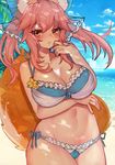  :o animal_ear_fluff animal_ears bare_arms bare_shoulders bikini blue_bikini blue_ribbon blue_sky blush bow breast_hold breasts cleavage cloud collarbone commentary_request cowboy_shot dappled_sunlight day eyebrows_visible_through_hair fate/extra fate_(series) flower fox_ears fox_tail frilled_bikini frilled_bow frills hair_between_eyes hair_bow hand_on_own_face horizon large_bow large_breasts looking_at_viewer navel open_mouth osiimi outdoors palm_tree pink_hair ribbon ribbon-trimmed_bikini side-tie_bikini sidelocks sky solo standing stomach summer sunlight swimsuit tail tamamo_(fate)_(all) tamamo_no_mae_(fate) thighs tree 