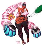  angry arms_(game) ass chilla_(arms) dark_skin drill_hair from_behind full_body high_heels highres lips long_hair looking_back min_min_(arms) multiple_girls no_panties pants pussy solo_focus tangobat thick_thighs thighs torn_clothes twin_drills twintails twintelle_(arms) very_long_hair 