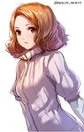  breasts brown_eyes brown_hair dutch_angle looking_at_viewer mataichi_mataro medium_breasts okumura_haru open_mouth parted_lips persona persona_5 puffy_short_sleeves puffy_sleeves short_hair short_sleeves simple_background solo standing turtleneck twitter_username upper_body wavy_hair white_background 