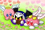 &lt;3 armor blue_body blue_eyes blush book curved_horn feathered_wings feathers flower galacta_knight group halo kirby kirby_(series) mask membranous_wings meta_knight nintendo pauldron pink_body plant red_eyes rosy_cheeks sweat sweatdrop touka_(artist) video_games waddling_head wings yellow_eyes 