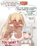  2girls ahoge bare_shoulders blonde_hair blush breasts camisole cleavage collarbone damilola_(mockingeu) dark-skinned_female dark_skin divya_(mockingeu) ear_blush english_commentary english_text fingernails gradient_hair green_hair hair_between_eyes highres large_breasts long_hair looking_at_another mockingeu multicolored_hair multiple_girls nose_blush open_mouth original parted_lips pointing pointing_at_another pointy_ears sideboob speech_bubble twintails very_long_hair white_background white_camisole white_hair yellow_eyes 