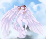  anthro blue_eyes breasts brown_hair canine day feathers featureless_breasts featureless_crotch flying fruitbloodmilkshake fur hair hooves hybrid mammal navel outside sky solo white_feathers white_fur wide_hips 