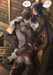  1boy 1girl against_wall arm_up armored_boots ascot black_hair blue_hair blush boots clorinde_(genshin_impact) closed_eyes couple face-to-face facing_another fingerless_gloves genshin_impact gloves grey_hair hand_on_another's_neck hand_up heart hetero highres imminent_kiss indoors leg_lock lifting_person long_hair miniskirt multicolored_hair nose_blush outstretched_arm pale_skin pants pantyhose parted_lips rchella shirt short_hair skirt smile spoken_heart standing two-tone_hair very_long_hair vest wriothesley_(genshin_impact) 