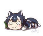  animal_ears black_hair blush_stickers chibi fang grey_wolf_(kemono_friends) kemono_friends langbazi long_hair looking_at_viewer lying multicolored_hair o_o on_stomach signature simple_background solo tail two-tone_hair wolf_ears wolf_tail 