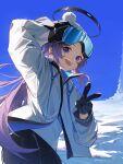  1girl :d absurdres adjusting_goggles black_gloves black_pants blue_archive blue_sky clear_sky commentary cowboy_shot english_commentary gloves goggles goggles_on_head hair_down halo hand_on_headwear highres jacket knit_hat lipton_(user_nfaw4242) long_hair long_sleeves looking_at_viewer looking_back mechanical_halo open_mouth pants purple_eyes purple_hair shirt sidelocks ski_goggles sky smile snow solo straight_hair teeth upper_teeth_only v white_jacket white_shirt winter_clothes winter_gloves yuuka_(blue_archive) 
