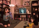 :d ayanami_rei azumanga_daioh azumanga_daioh&#039;s_school_uniform bags_under_eyes bedroom black_eyes black_hair black_nails black_pantyhose black_skirt blazer blue_shirt bookshelf brown_hair commission controller crt eyeshadow figure fumo_(doll) game_console game_controller hair_between_eyes holding holding_controller holding_game_controller iwakura_lain jacket kasuga_ayumu kneeling kuroki_tomoko lamp long_hair long_sleeves makeup mayaa_(azumanga_daioh) multiple_girls neon_genesis_evangelion no_shoes on_bed open_mouth pantyhose playing_games playstation_2 playstation_controller pleated_skirt poster_(object) sailor_collar school_uniform serafuku serial_experiments_lain shirt shoes skateboard skirt smile stuffed_animal stuffed_toy t0mokinnie television watashi_ga_motenai_no_wa_dou_kangaetemo_omaera_ga_warui! watermark white_sailor_collar white_shoes yellow_jacket yellow_skirt 