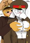  2017 bill_leo breasts cherry_karnickel clothed clothing colored duo eyewear feline female front_view fur glasses hair kenneth_j_wing lion male male/female mammal military russian simple_background soviet_union standing text uniform united_states_of_america white_fur 