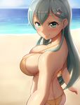  ass back bangs beach bikini blurry blush breasts butt_crack cleavage closed_mouth day depth_of_field eyebrows_visible_through_hair green_eyes green_hair hair_ornament hairclip halter_top halterneck kantai_collection large_breasts long_hair looking_at_viewer looking_back maku_ro outdoors smile solo suzuya_(kantai_collection) swimsuit upper_body yellow_bikini 