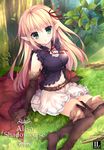  arisa_(shadowverse) blonde_hair boots breasts cape elbow_gloves elf forest gloves green_eyes hair_ribbon long_hair looking_at_viewer medium_breasts mitha nature open_mouth pointy_ears ribbon shadowverse skirt solo thigh_boots thighhighs 